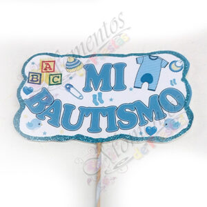 Adorno de torta - Frase impresa "Mi Bautismo" celeste x5 unidades