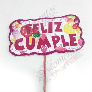 Adorno de torta - Frase impresa "Feliz Cumple" rosa x5 unidades