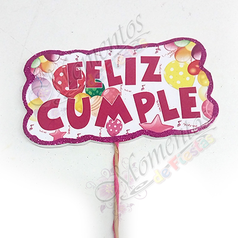 Adorno de torta - Frase impresa "Feliz Cumple" rosa x5 unidades
