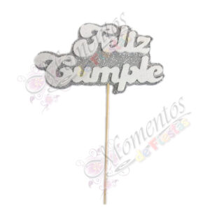 Adorno de torta - Frase "Feliz Cumple" x5 unidades - color PLATA