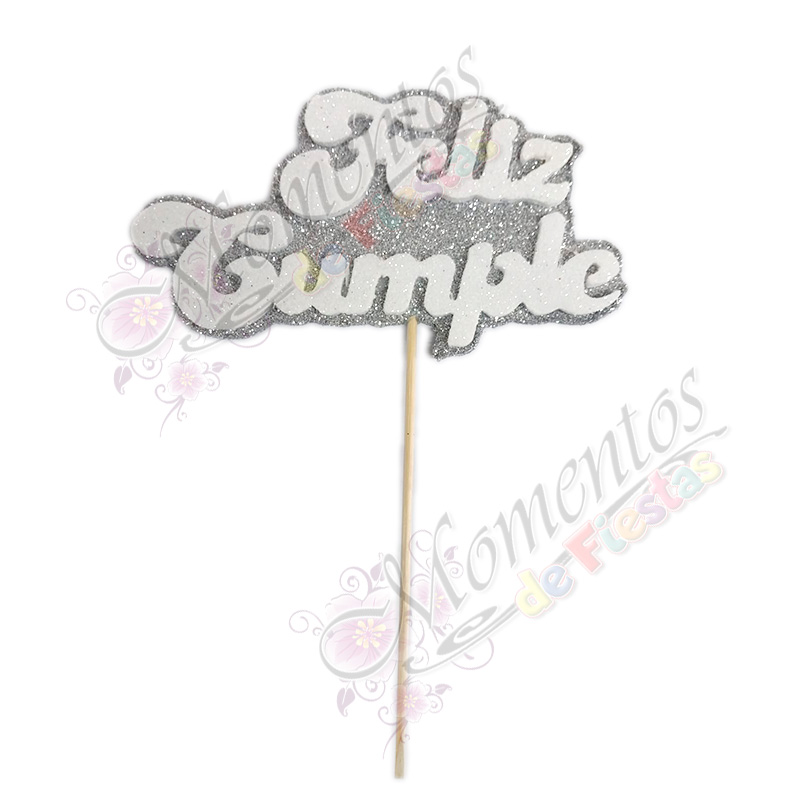 Adorno de torta - Frase "Feliz Cumple" x5 unidades - color PLATA