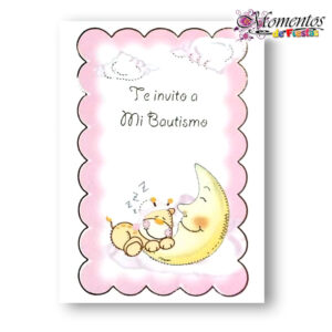 Tarjeta de Invitación Simple - Bautismo - Luna Rosa x10 unidades [cod. 7810]