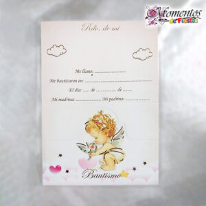 Tarjeta de Recuerdo Triple - Bautismo - Angelito Rosa x10 unidades [cod. 7003]