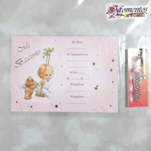 Tarjeta de Recuerdo Triple - Bautismo - Hamaca Rosa x10 unidades [cod. 7007]