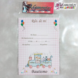 Tarjeta de Recuerdo Triple - Bautismo - Trencito Rosa x10 unidades [cod. 7011]
