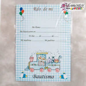 Tarjeta de Recuerdo Triple - Bautismo - Trencito Celeste x10 unidades [cod. 7012]