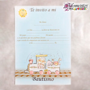Tarjeta de Invitación Triple - Bautismo - Trencito Celeste x10 unidades [cod. 7511]