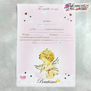 Tarjeta de Invitación Triple - Bautismo - Angelito Rosa x10 unidades [cod. 7503]