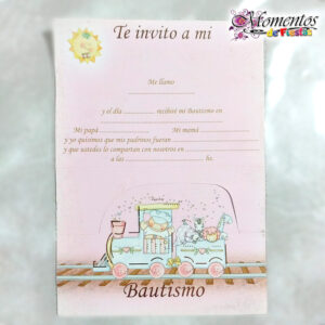 Tarjeta de Invitación Triple - Bautismo - Trencito Rosa x10 unidades [cod. 7512]