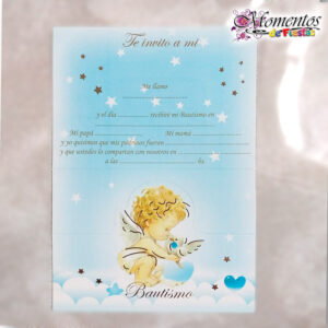 Tarjeta de Invitación Triple - Bautismo - Angelito Celeste x10 unidades [cod. 7504]